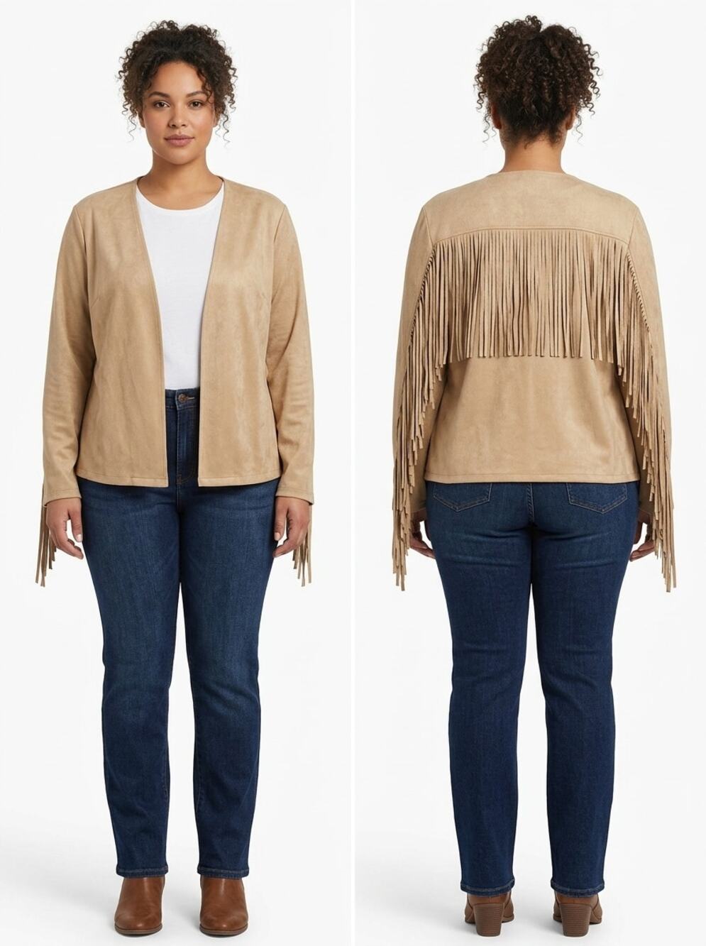 NWT Escalier Faux Suede Beige Fringe Stretch Cardigan Women Plus Size 2X